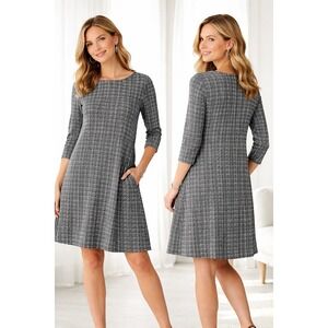 JJILL Women's Petite L Textured Knit Swing Dress Gray Black 3/4 Sleeve Neutral